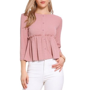 INSPIRE CHIC Women's Crew Neck 3/4 Sleeve Ruffle Button Down Blouses - 1 of 4