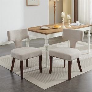 Set of 2 Upholstered Dining Chairs, Mid-Century Modern Kitchen Chairs with Linen Fabric, Nailhead Trim, Wood Legs, and Curved Backrest for Home - 1 of 4