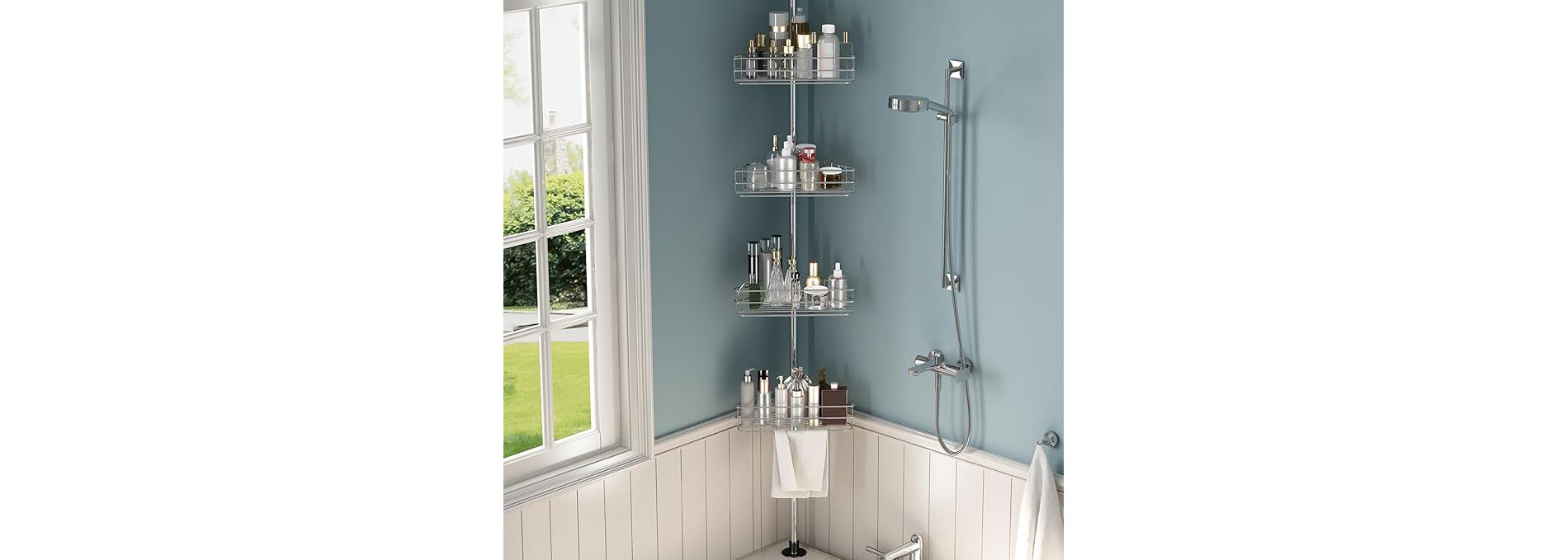 Tension Pole Shower Caddy, Corner Shower Caddies with 4 Basket Shelves and Built-In Towel Bars, Rustproof Bathroom Shower Organizer Adjustable