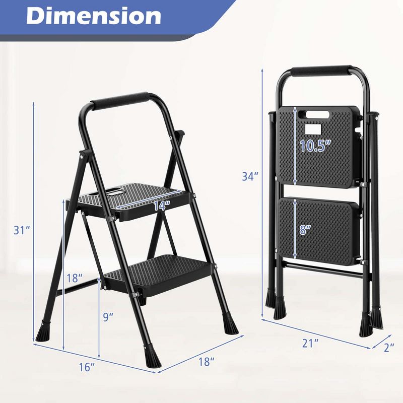Costway 2 Step Folding Step Ladder with Safety Handrails & Wide Anti-slip Pedals for Black, 3 of 11