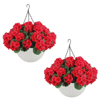 2 Set Artificial Outdoor Geraniums Flowers with White Basket, 12 Pcs Geraniums Flowers for Christmas, Front Porch, Garden, Patio, Home Decor, Pink