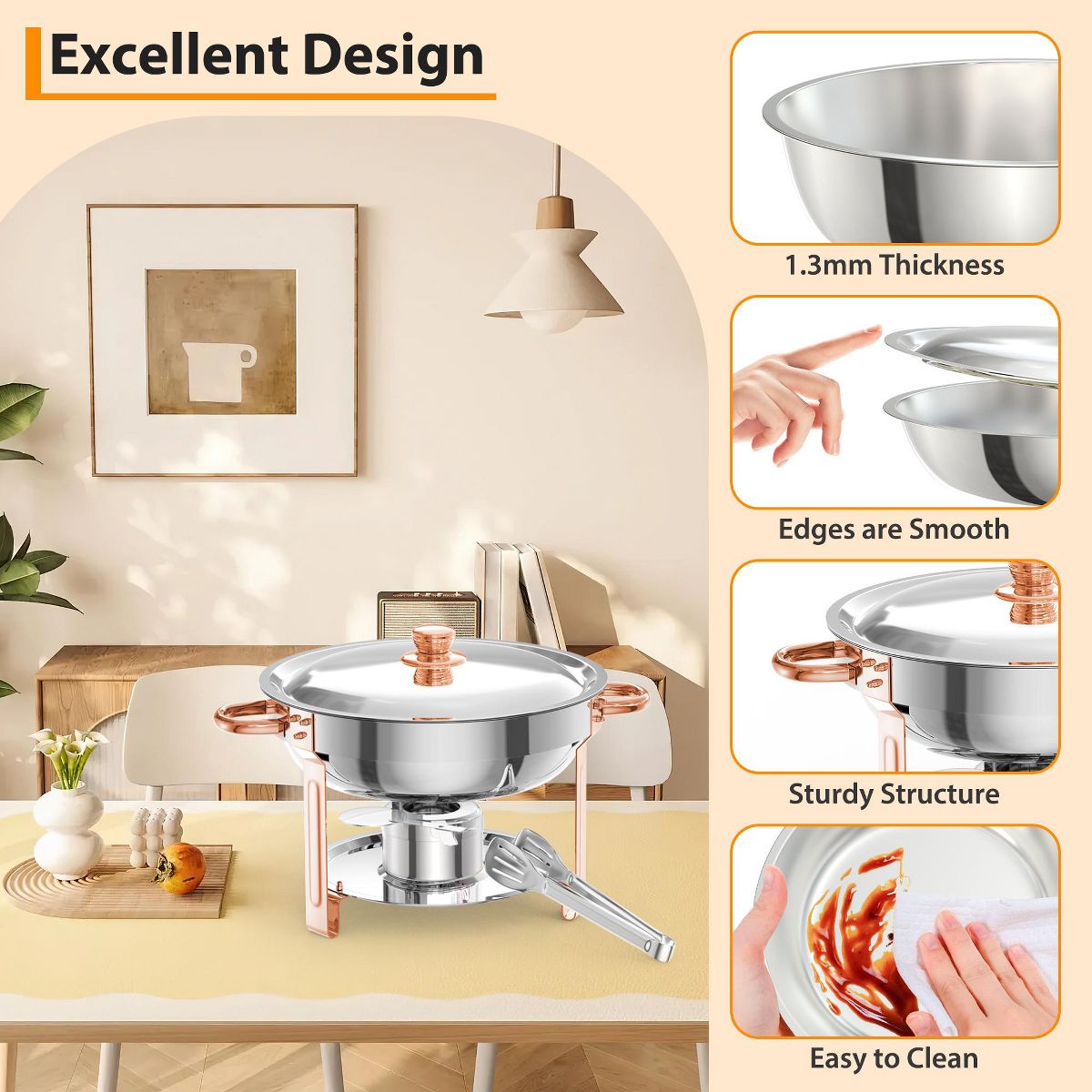5QT/8QT Stainless Steel Chafing Dish, 2pcs Rose Gold Rectangular/Round Buffet Food Warmers, Ideal for Catering, Weddings, Parties - thumbnail 9