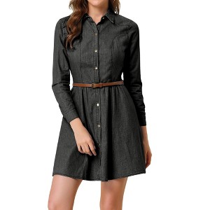 Allegra K Women's Button Down Belted Pleated Flare A-line Denim Shirt Dress - 1 of 4
