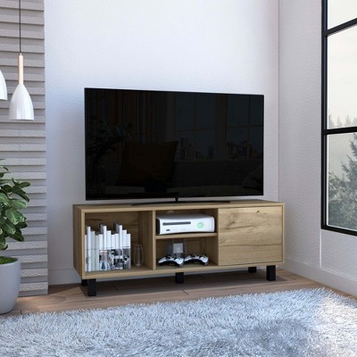 43" Light Oak Manufactured Wood TV Stand with Two Open Shelves, One Cabinet, and One Large Open Shelf for Living Room and Bedroom