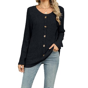 Women's Button Detail Long Sleeve T-Shirt Ribbed Knit Loose Fit Casual Top - 1 of 4
