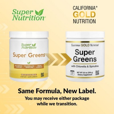 California Gold Nutrition Super Greens with Spirulina, Chlorella, Kelp, and Apple Pectin, 8.8 oz (250 g)