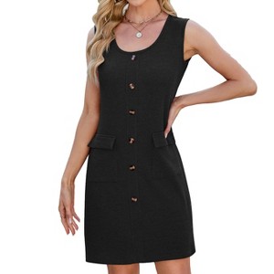 Women's Summer Sleeveless Mini Dress Casual Crewneck Button Tank Dresses Party Short T-Shirt Sundress with Pockets - 1 of 4