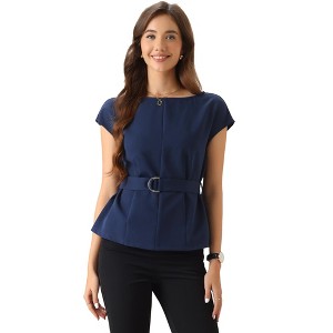 INSPIRE CHIC Women's Cap Sleeve Boat Neck Office Work Belted Peplum Tops - 1 of 4