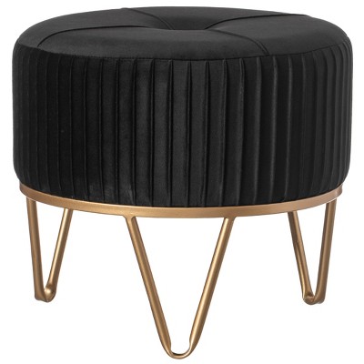 Fabulaxe Round Velvet Ottoman Stool Raised with Hairpin Gold Base