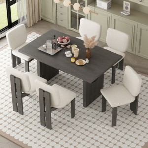 7-Piece Retro Dining Set, 1 Rectangular Table with Designed Trestle Base and 6 Upholstered Chairs for Dining Room and Kitchen - 1 of 4