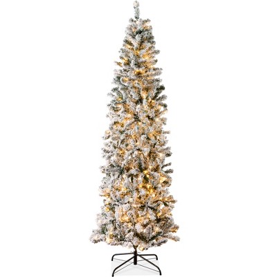 Best Choice Products Pre-Lit Artificial Snow Flocked Pencil Christmas Tree – Pink or Classic, w/ Multicolor & Warm-White Light Options
