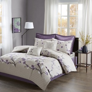 Okak Queen/King 8-Piece Purple Cotton Sateen Bed Comforter with Flower Pattern,Comfortable Quilt Comforter Bedding Sets,Machine Washable - 1 of 4