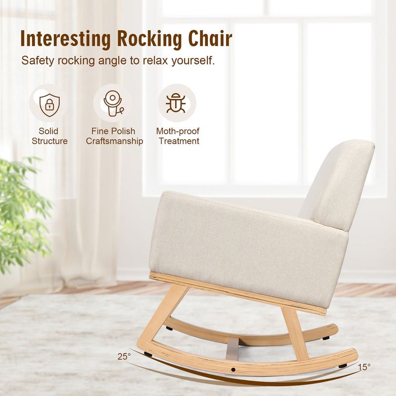 Costway Modern Upholstered Rocking Chair Rocking Armchair for Living Room Bedroom, 4 of 8