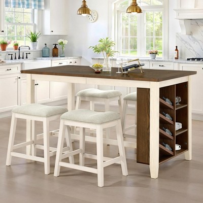 AMERLIFE 5-Piece Solid Wood Counter Height Kitchen Island Table Set with Storage, Farmhouse Dining Table & Upholstered Stools, Rustic Brown & White