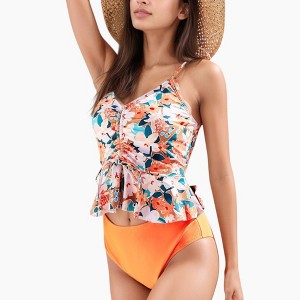 Anna-Kaci Swim Women's Ruched Tankini Top with Adjustable Drawstring and Leopard High Waist Bottoms - 1 of 4