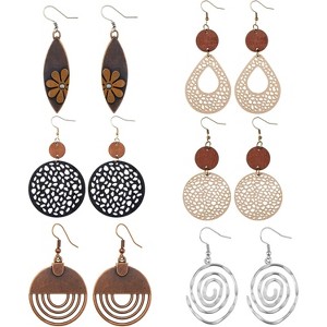 6/9-Pair Boho Earrings Set - Vintage Wooden Geometric & Leather Flower, Bohemian Collection - 1 of 4