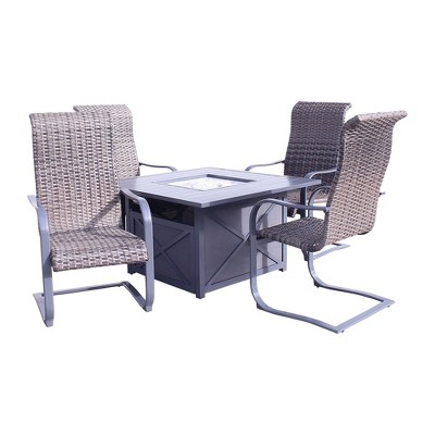 Courtyard Casual Santa Fe 5 pc Square Fire Pit Set with Wicker Spring Chairs  Includes One Square Fire Pit and Four Spring Chairs with Wicker Seats