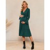 Women's Maternity V Neck Wrap Midi Fall Dress Long Sleeve Boho Casual Nursing Swing Dress Baby Shower Photoshoot Belt - 4 of 4