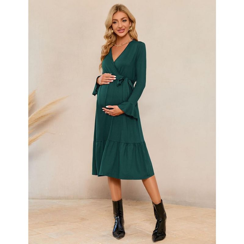 Women's Maternity V Neck Wrap Maxi Fall Dress Long Sleeve Boho Casual Nursing Swing Dress Baby Shower Photoshoot Belt, 4 of 8
