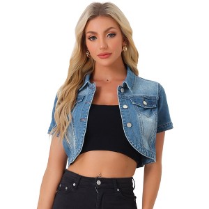 Allegra K Women's Turndown Collar Short Sleeves Crop Casual Jean Jacket - 1 of 4