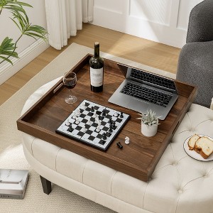 KINWELL Square Black Walnut Wood Serving Tray Ottoman Tray with Handles - 1 of 4