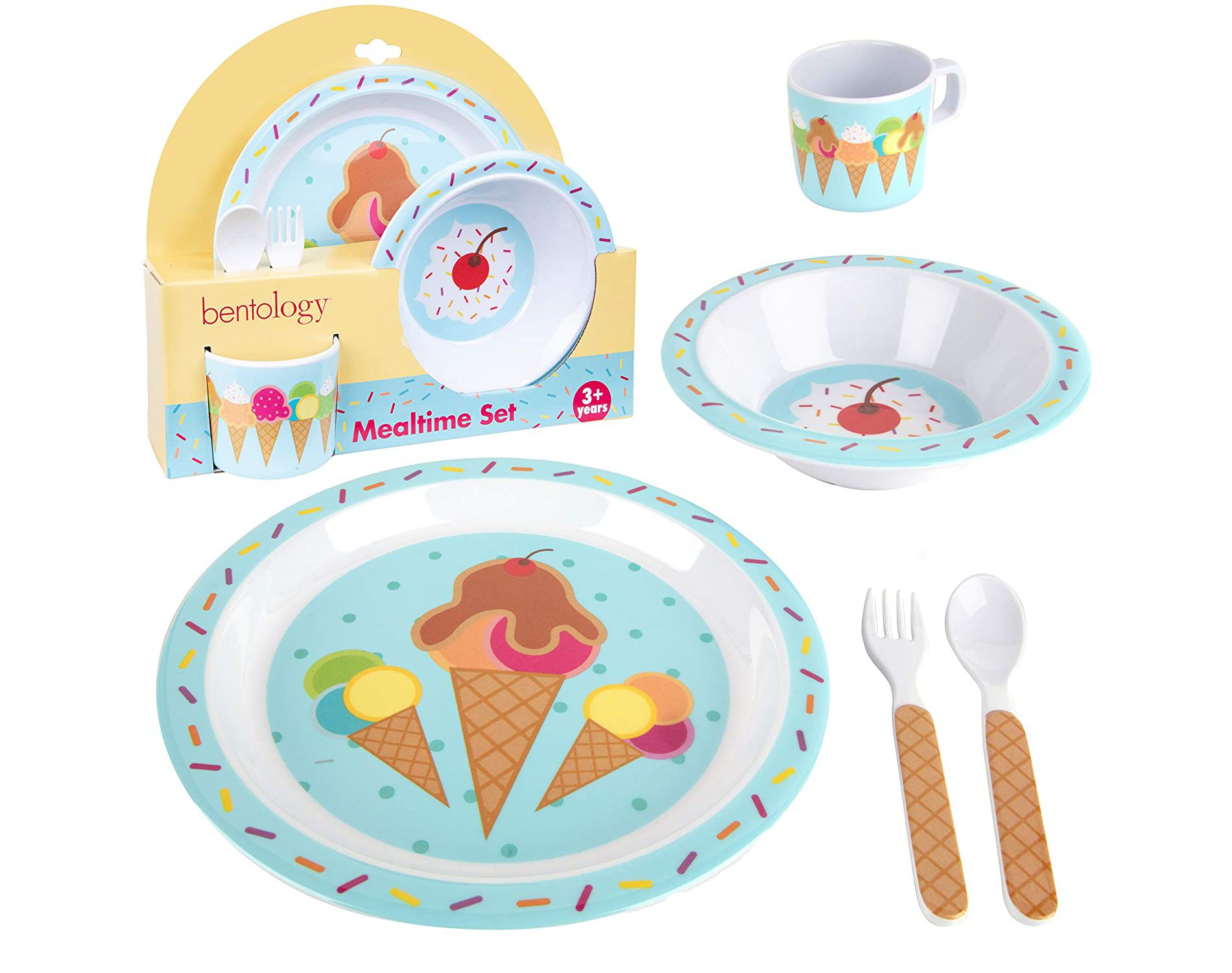 Bentology Ice Cream 5 Pc Mealtime Baby Feeding Set for Kids and Toddlers - Plate, Bowl, Cup, Fork & Spoon Utensils- Durable, Dishwasher Safe, BPA Free