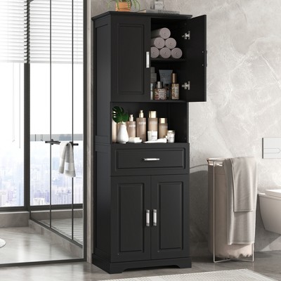 Whisen Tall Bathroom Cabinet with Four Doors, Freestanding Storage Organizer with Adjustable Shelves