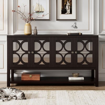 60"W Console Table Sideboard Entryway Table Storage Cabinet Accent Table with Mirrored Doors, Open Shelf, White/Antique Navy/Espresso-ModernLuxe
