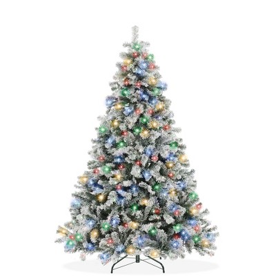 Casafield Realistic Snow-Flocked Pine with White and Multicolor LED Lights, 9 Light Sequence Artificial Holiday Christmas Tree with Sturdy Metal Stand