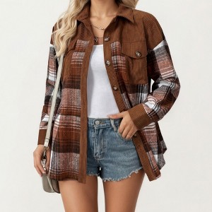 Anna-Kaci Women’s Plaid Button Front Shirt Jacket with Soft Corduroy Contrast Long Sleeves Chest Pocket Detail - 1 of 4