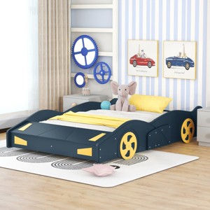 1 Full Car Bed Frame, Solid Wood Platform with Wheels and Built-in Storage for Kids Bedroom Decor - Baofuwish - 1 of 4