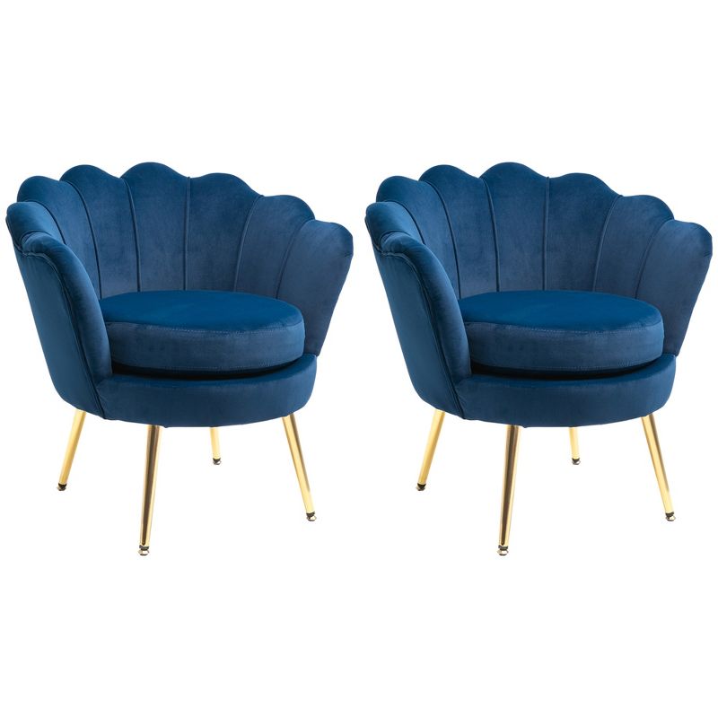 HOMCOM Elegant Velvet Fabric Accent Chair/Leisure Club Chair with Gold Metal Legs for Living Room, Set of 2, Blue, 4 of 7