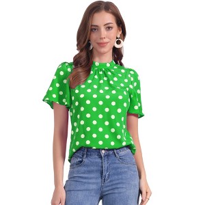 INSPIRE CHIC Women's Polka Dots Stand Collar Pleat Keyhole Back Short Flare Sleeve Tops - 1 of 4