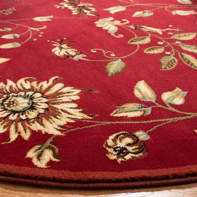 Elegant Red and Multi Floral Round Synthetic Area Rug