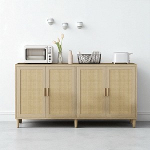 70" Rattan Sideboard Buffet Cabinet with 4 Doors, Adjustable Shelves & Solid Wood Legs, Storage Console for Dining Room, Kitchen, Living Room - 1 of 4