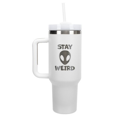 100 North Stay Weird Alien Wrap-Around 40 Oz. Stainless Steel Water Bottle Coffee Mug, Spill & Leak Resistant, Travel Tumbler with Handle, Lid &