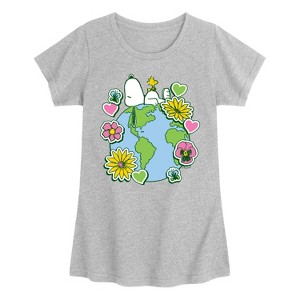 Girls' - Peanuts - Snoopy Woodstock Earth Stickers Fitted Short Sleeve Graphic T-Shirt - 1 of 4