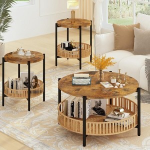Hooseng Boho Living Room Table Set with Rattan Storage Shelf and Metal Frame, Round Coffee Table and 2 End Side Tables - 1 of 4