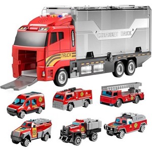 TEMI Fire Truck Toy Set with Play Mat, Carrier Truck for Kids Toddlers, Die-Cast Metal Toy Car Set, Christmas Birthday Gift for Age 3 4 5 + Years Old - 1 of 4