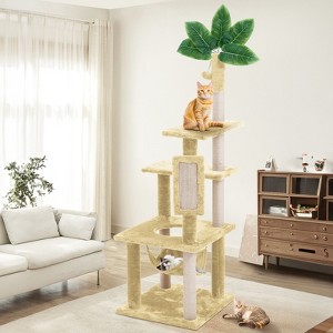 Modern Multicoloured 600 GSM Soft Plush Cat Tree Pet Tower with Sisal Post and Hanging Ball, Fake Real Leaves - 1 of 4