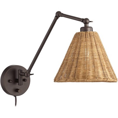 Bronze Mid Century Modern Swing Arm Wall Lamp with Natural Rattan Shade