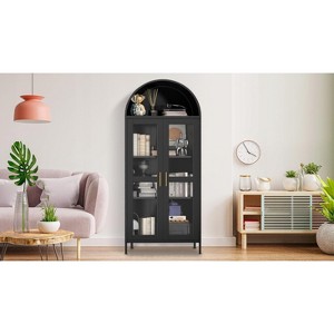 73 Inch Tall Metal Arched Storage Cabinet with Glass Doors, Modern Kitchen Pantry and Cupboard for Living and Dining Room,Durable Black Finish - 1 of 4