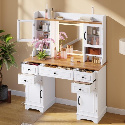 Vanity Desk with LED Lighted Mirror, Makeup Vanity Table with 5 Drawers, 4 Doors, and 3 Storage Shelves for Bedroom, Dressing Room, White