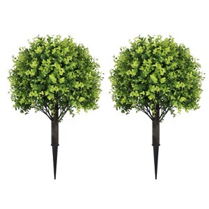 poetree 24" Artificial Boxwood Topiary Ball Trees with Ground Stakes – Faux Shrubs for Outdoor and Indoor Home Décor, Set of 2 - 1 of 4