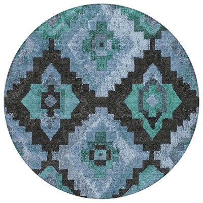 HomeRoots 8' Teal Blue And Charcoal Round Aztec Washable Indoor Outdoor Area Rug