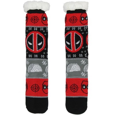 Marvel Comics Deadpool Men's Ugly Christmas Sweater Knit Deadpool Tacos Faux Shearling Lined Thick Fuzzy Slipper Socks Multicoloured
