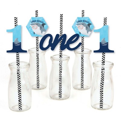 Big Dot of Happiness 1st Birthday Shark Zone - Paper Straw Decor - Jawsome Shark First Birthday Party Striped Decorative Straws - Set of 24