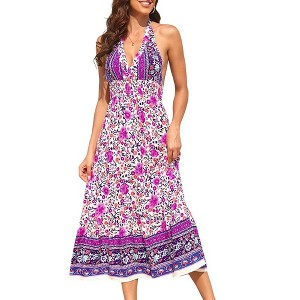 YesFashion Women's Dress Boho Deep V Neck Sleeveless Backless Adjustable Tie dress Floral Print Midi Dress Flowy Beach Dress - 1 of 4