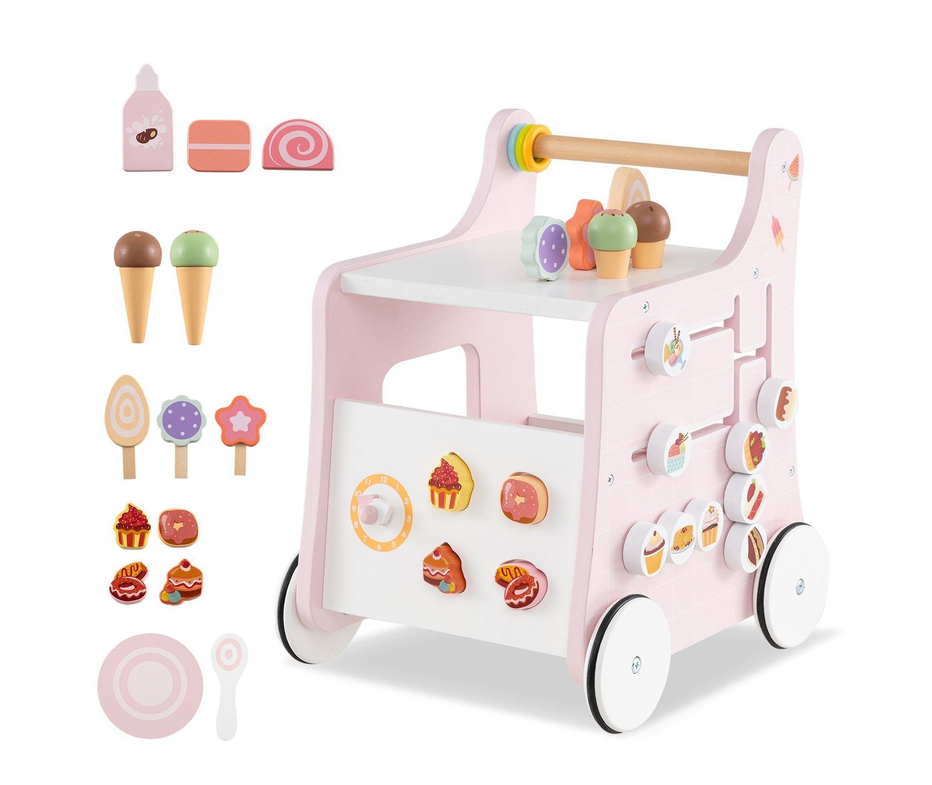 2-in-1 Wooden Baby Walker with Ice Cream Shop Play and Storage, Pink