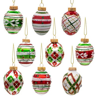 45MM Red and Green Glass Egg Ornaments with Rhinestones, 9-Piece Set